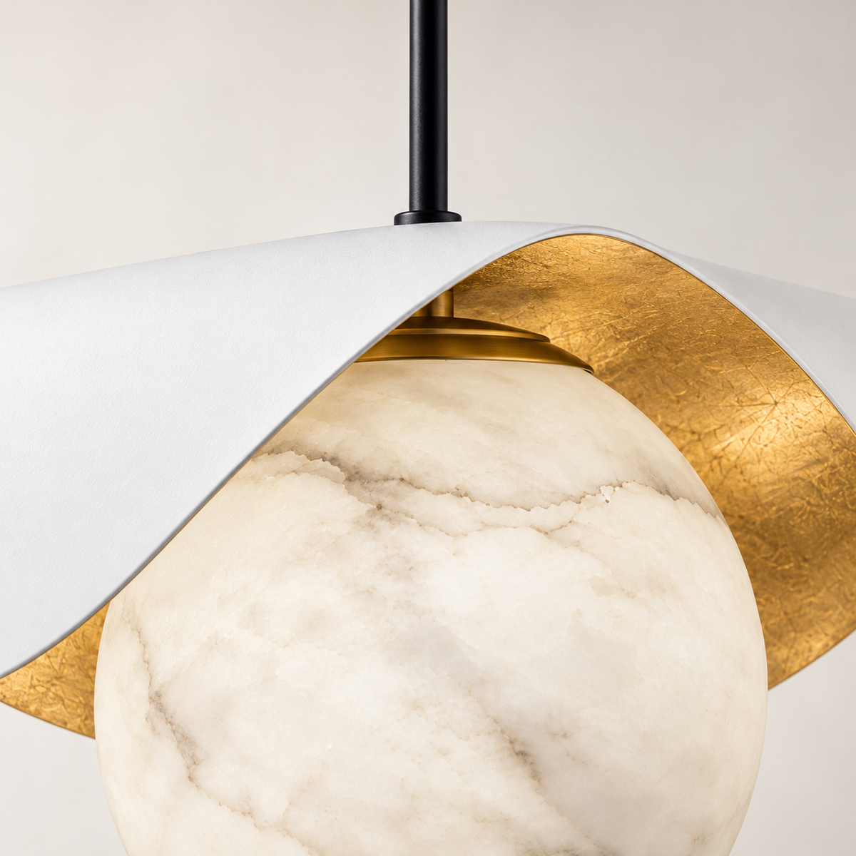 Calla Alabaster Leaf Pendant Light, white shade, studio photo