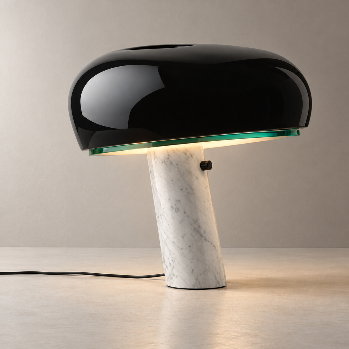 Cupola White Marble Table Lamp, black shade, studio photo