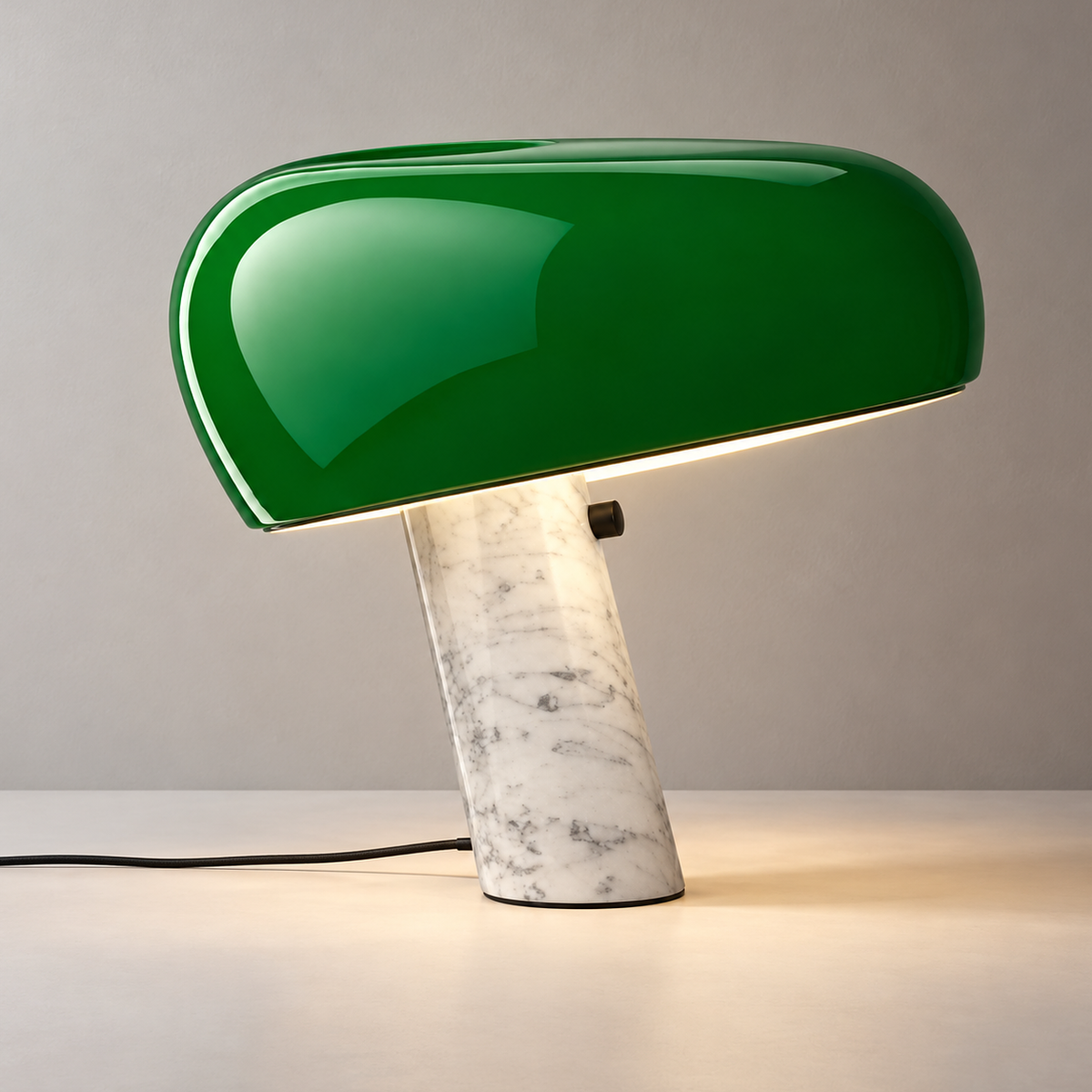 Cupola White Marble Table Lamp, green shade, studio photo