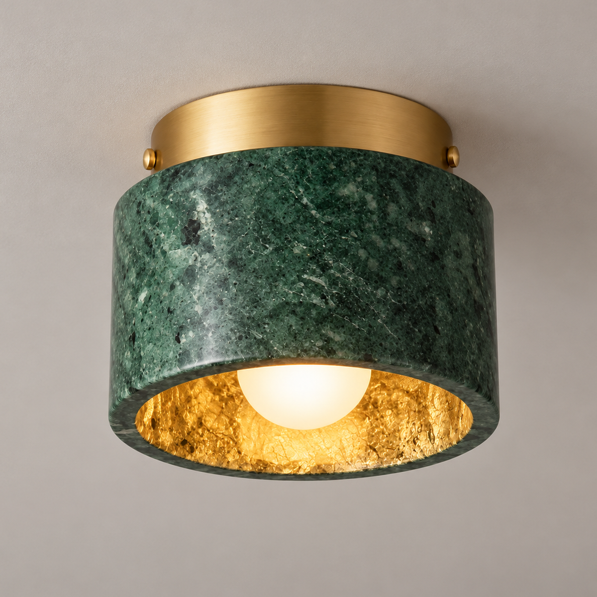 Isola Marble Drum Ceiling Light, green marble, studio photo